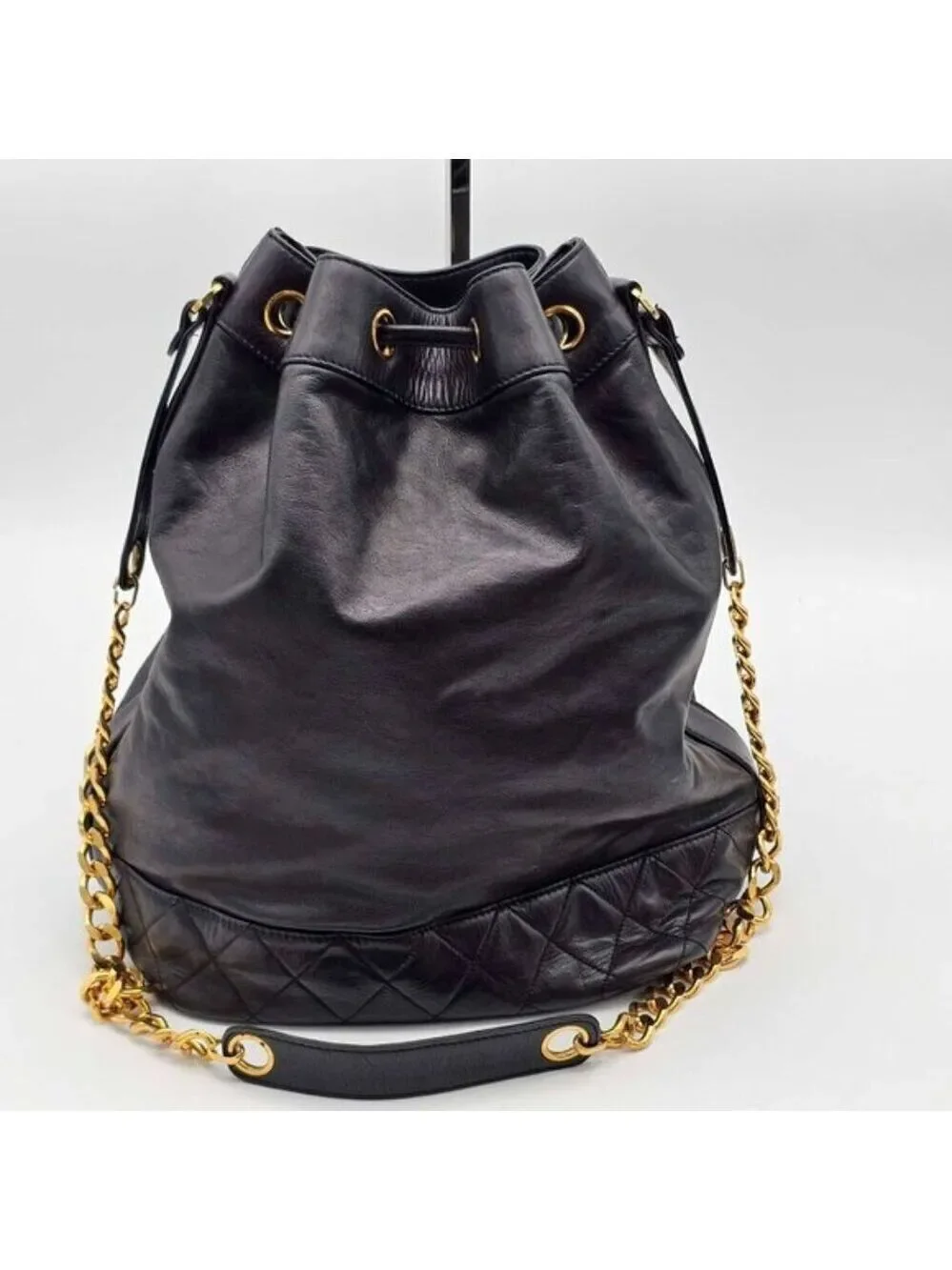 Authentic Chanel Drawstring Bucket Bag Black Leather Gold Chain CC Logo